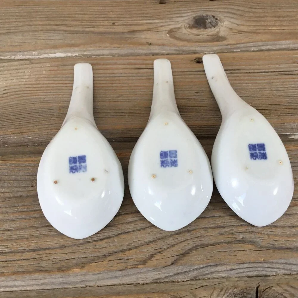Set Of 3 Blue & White Porcelain Soup Spoons With Floral Design
